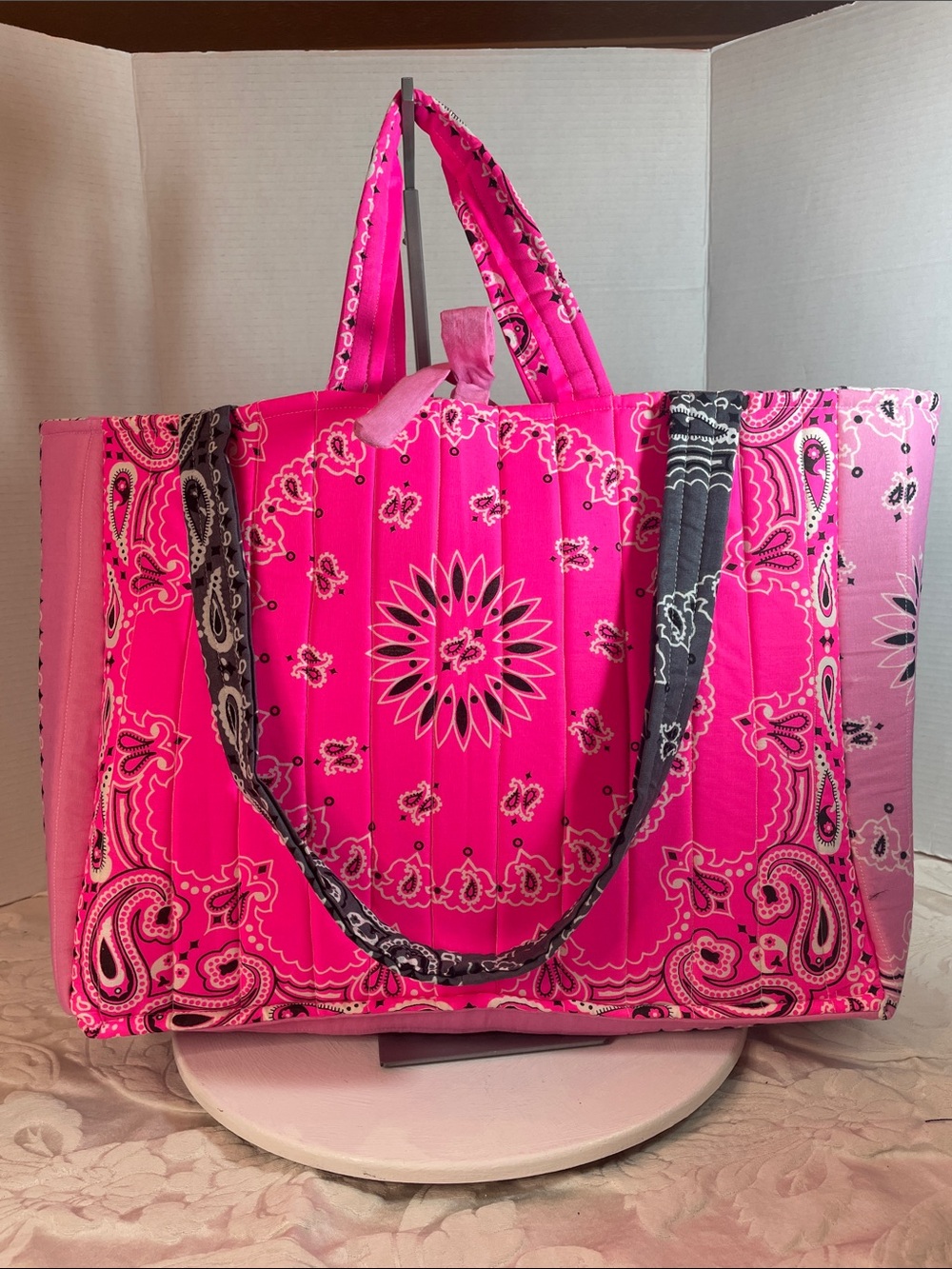 Bandana tote quilted hot Pink gray Bag with Contrast Straps handmade